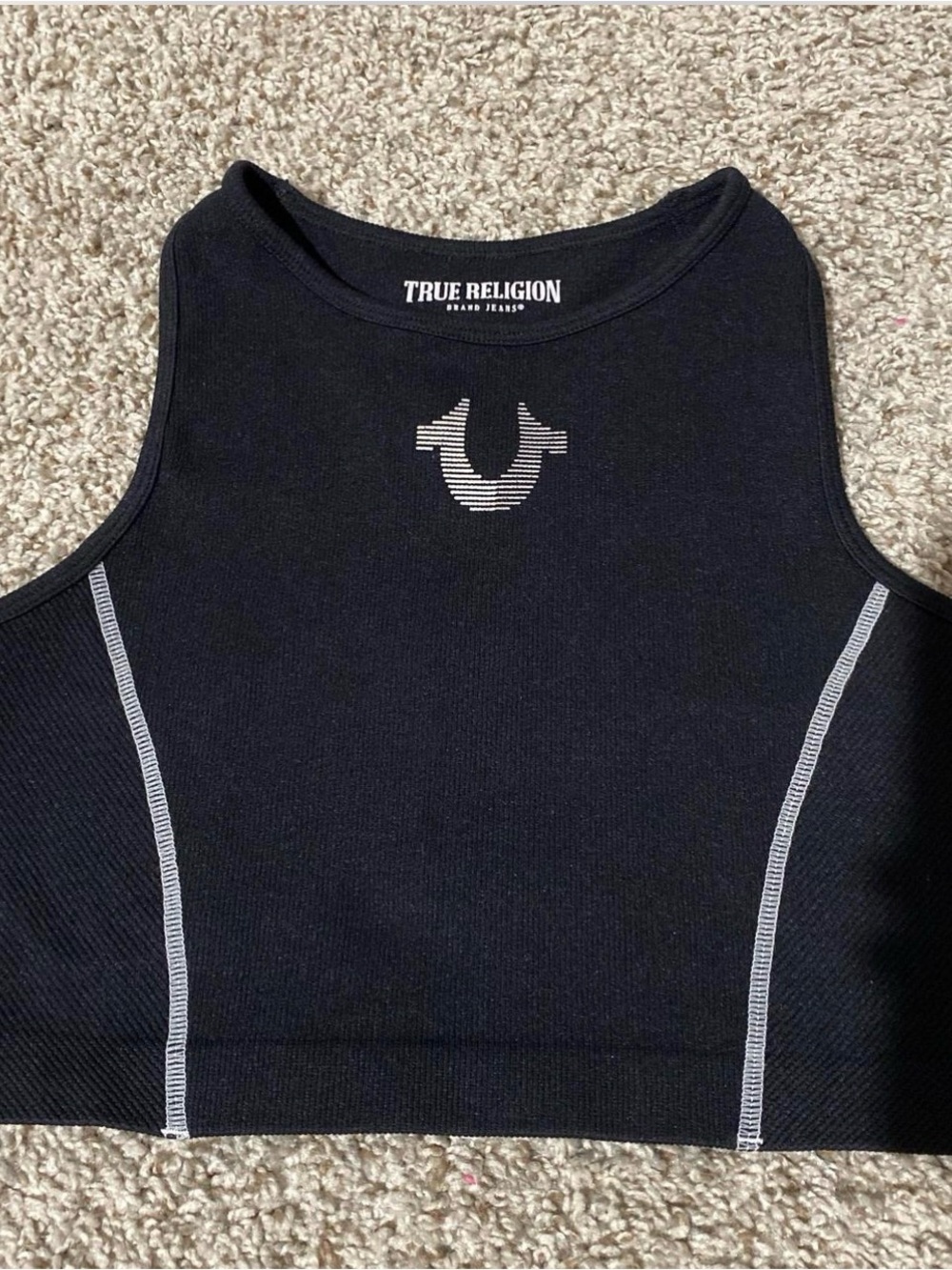 True Religion Black Ribbed Logo Crop Tank with Contrast Stitch